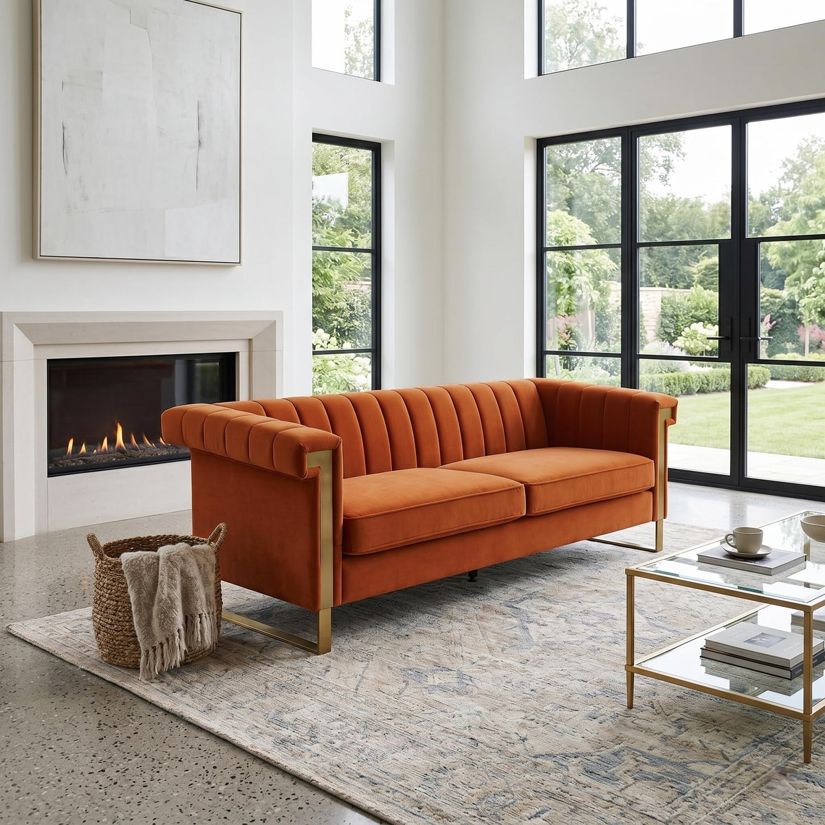 Orange Velvet 3 Seater Sofa with Gold Metal Legs C346