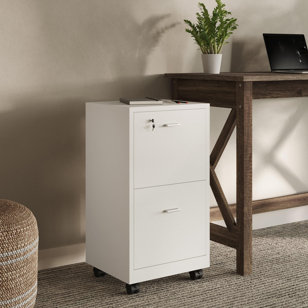 White 2-Drawer Wooden File Cabinet with Lock X7475