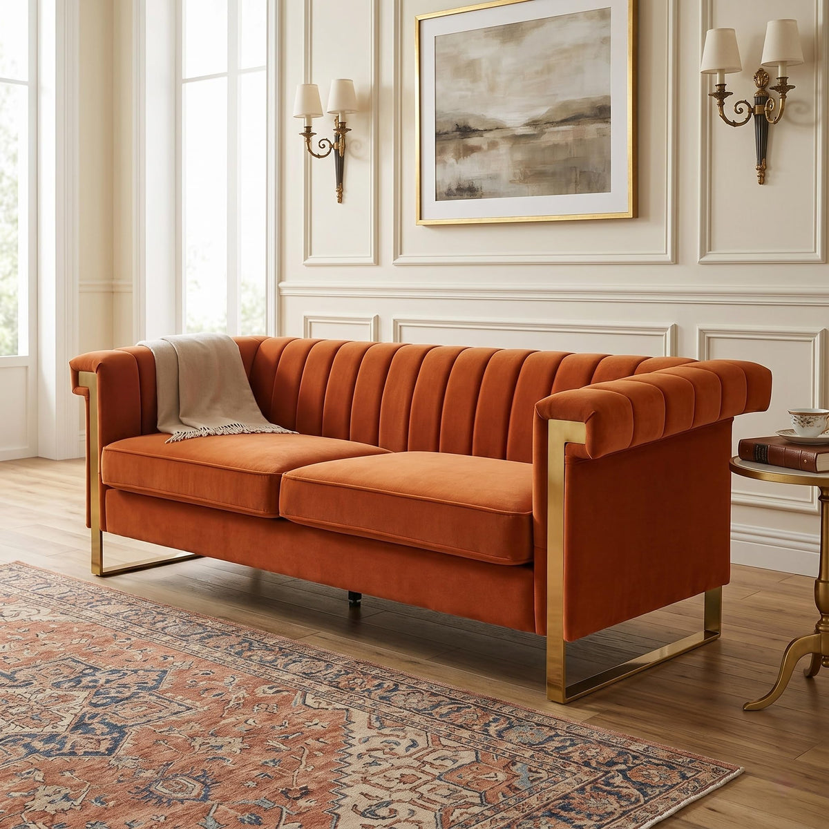 Orange Velvet 3 Seater Sofa with Gold Metal Legs C346