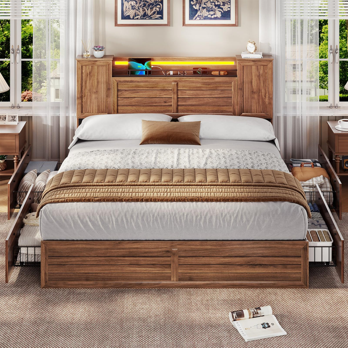 Brown Full Size Wood Bed Frame with Headboard and Storage I40896