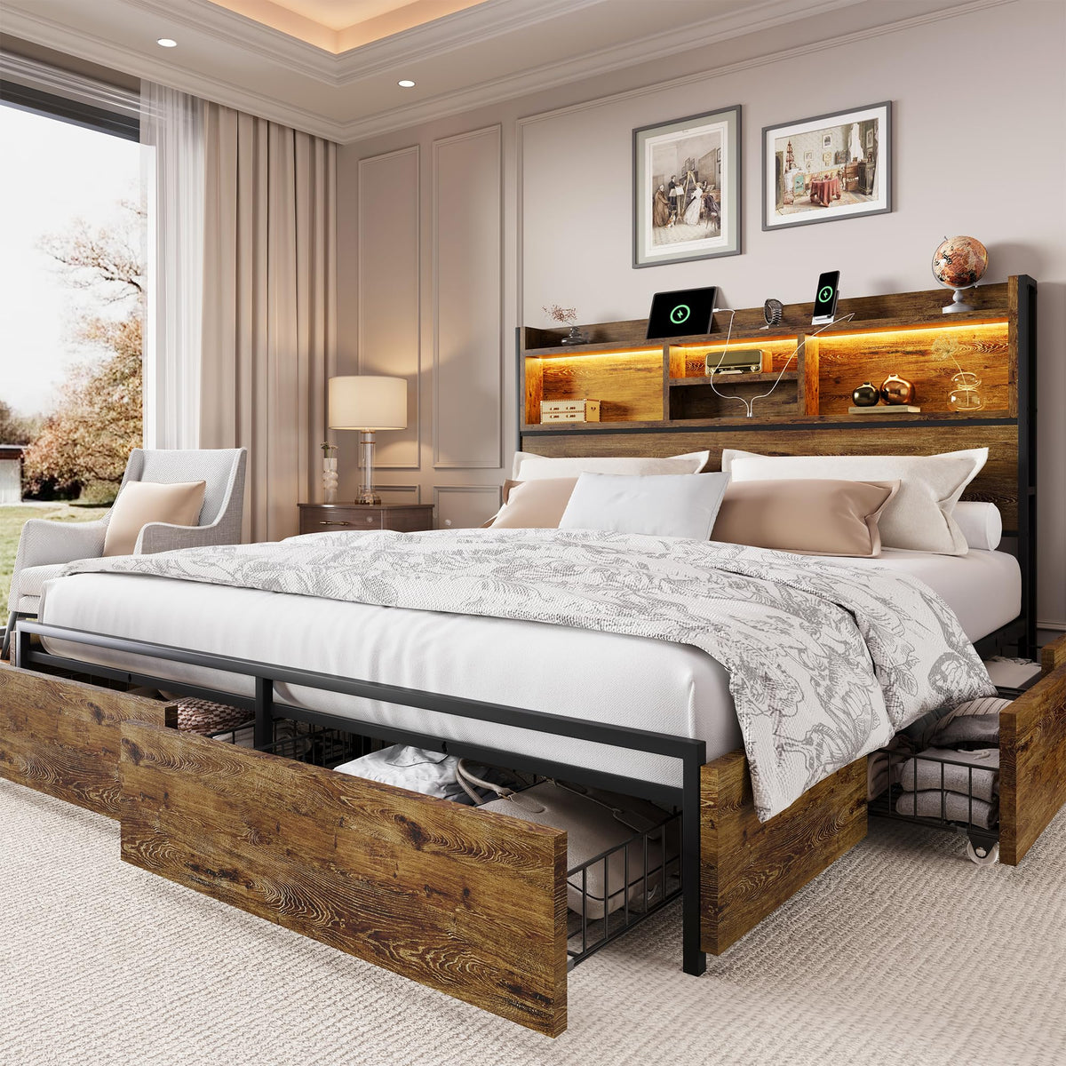 King Size Wooden Platform Bed Frame with 6 Storage Drawers and Headboard V535492