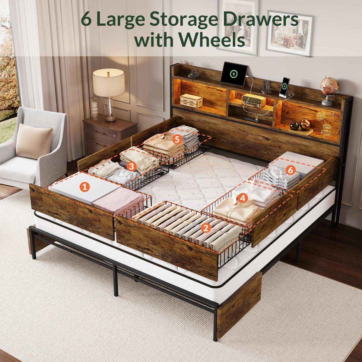 King Size Wooden Platform Bed Frame with 6 Storage Drawers and Headboard V535492