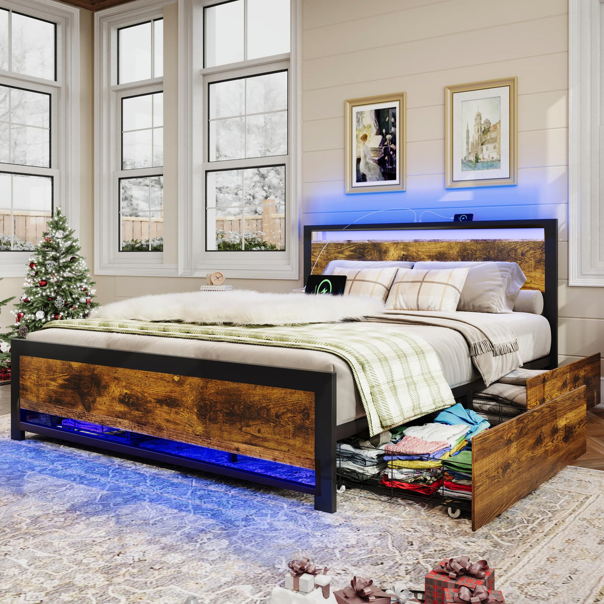 King Size Wood Bed Frame with 4 Storage Drawers P562