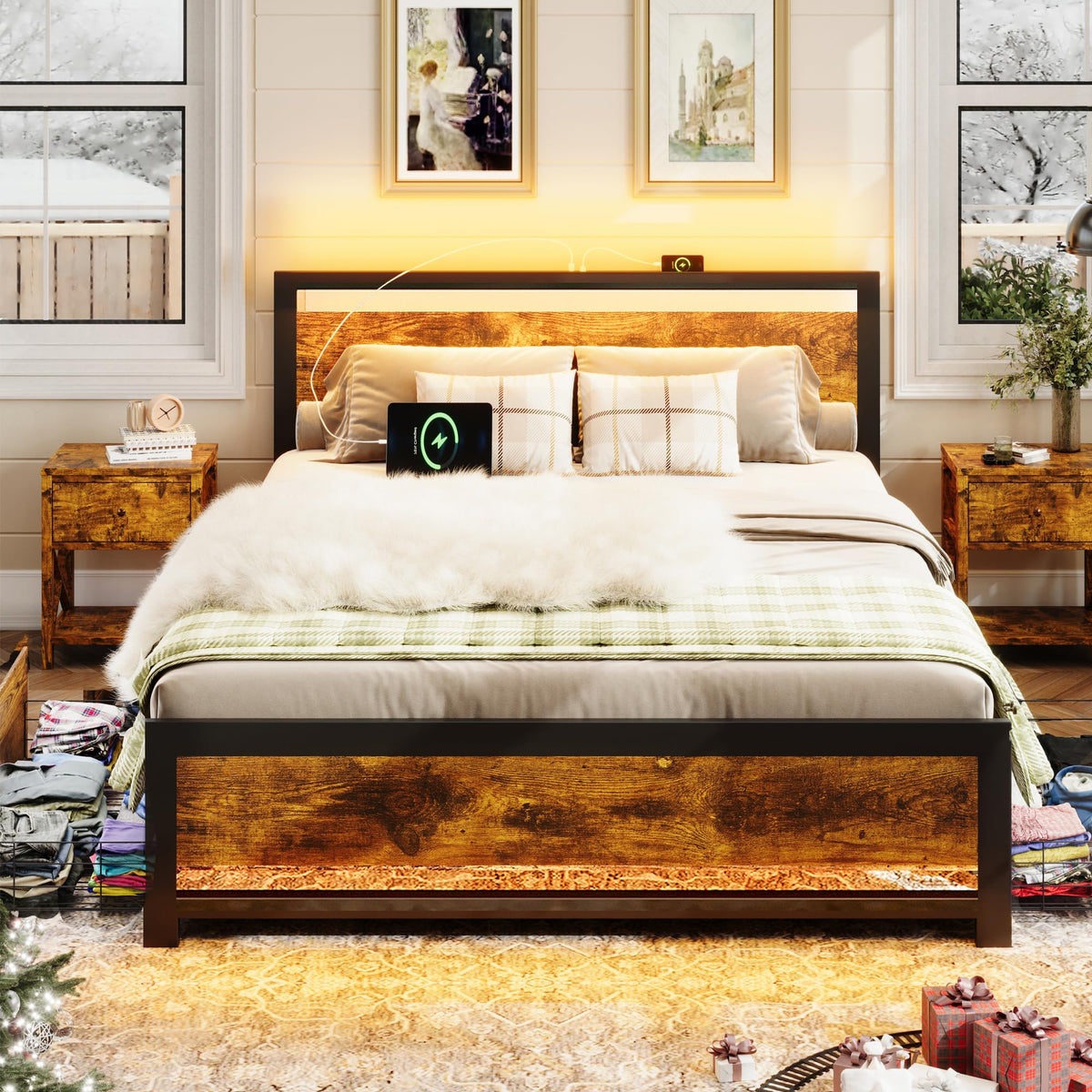 King Size Wood Bed Frame with 4 Storage Drawers P562