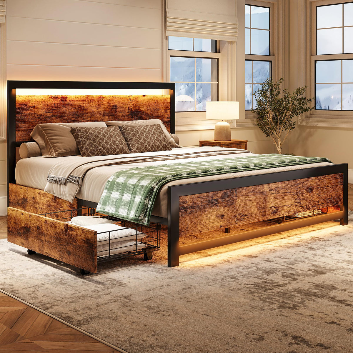 King Size Wood Bed Frame with 4 Storage Drawers P562