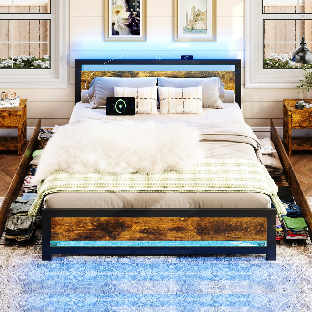 King Size Wood Bed Frame with 4 Storage Drawers P562